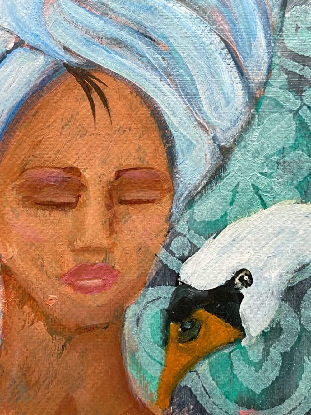 Serene Woman with Swan Canvas Art - Blue, White - Picture 4 of 5